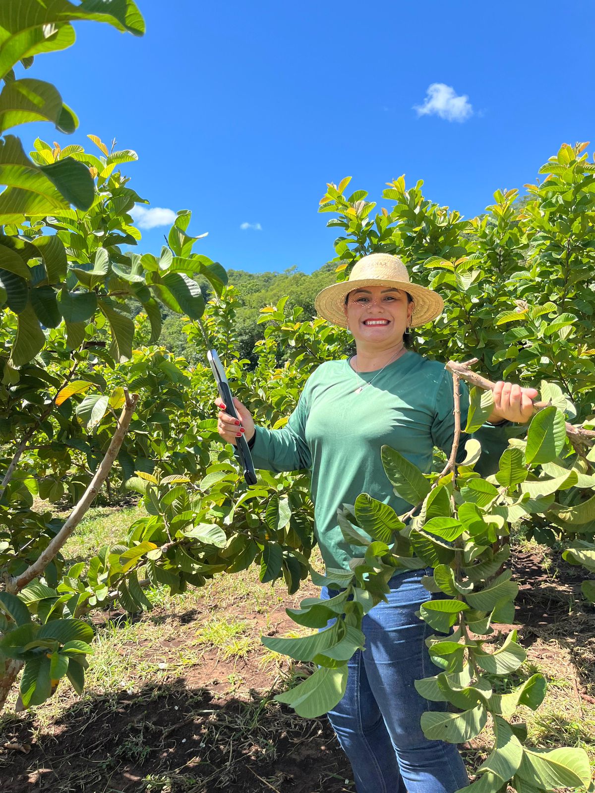 Uma mulher sorridente, usando chapéu de palha e camiseta verde de manga longa, posa em meio a uma plantação de goiabeiras. Ela segura uma ferramenta de poda em uma das mãos e um galho na outra. O dia é ensolarado com céu azul límpido.