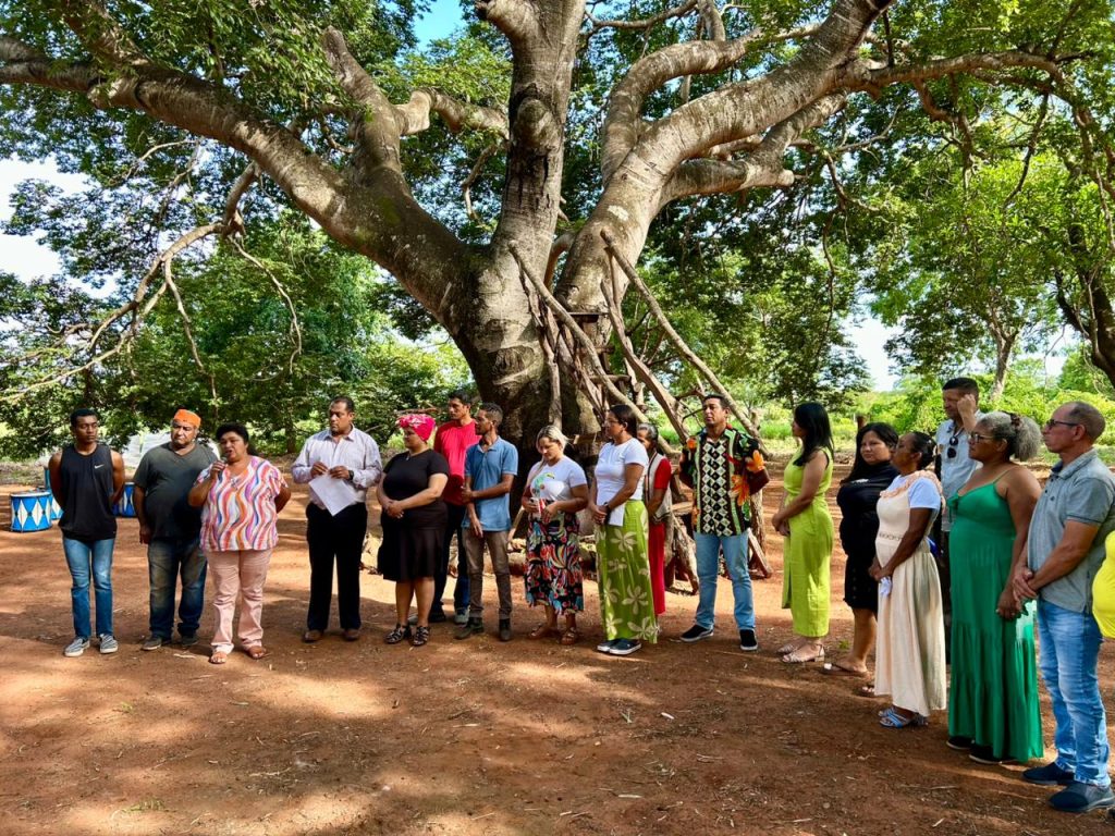 Um grupo de aproximadamente 15 pessoas está reunido em semicírculo sob a sombra de uma árvore frondosa e de grande porte (uma gameleira). O chão é de terra batida. Uma mulher à esquerda fala ao microfone enquanto os demais ouvem atentamente. O ambiente é rural e ensolarado.